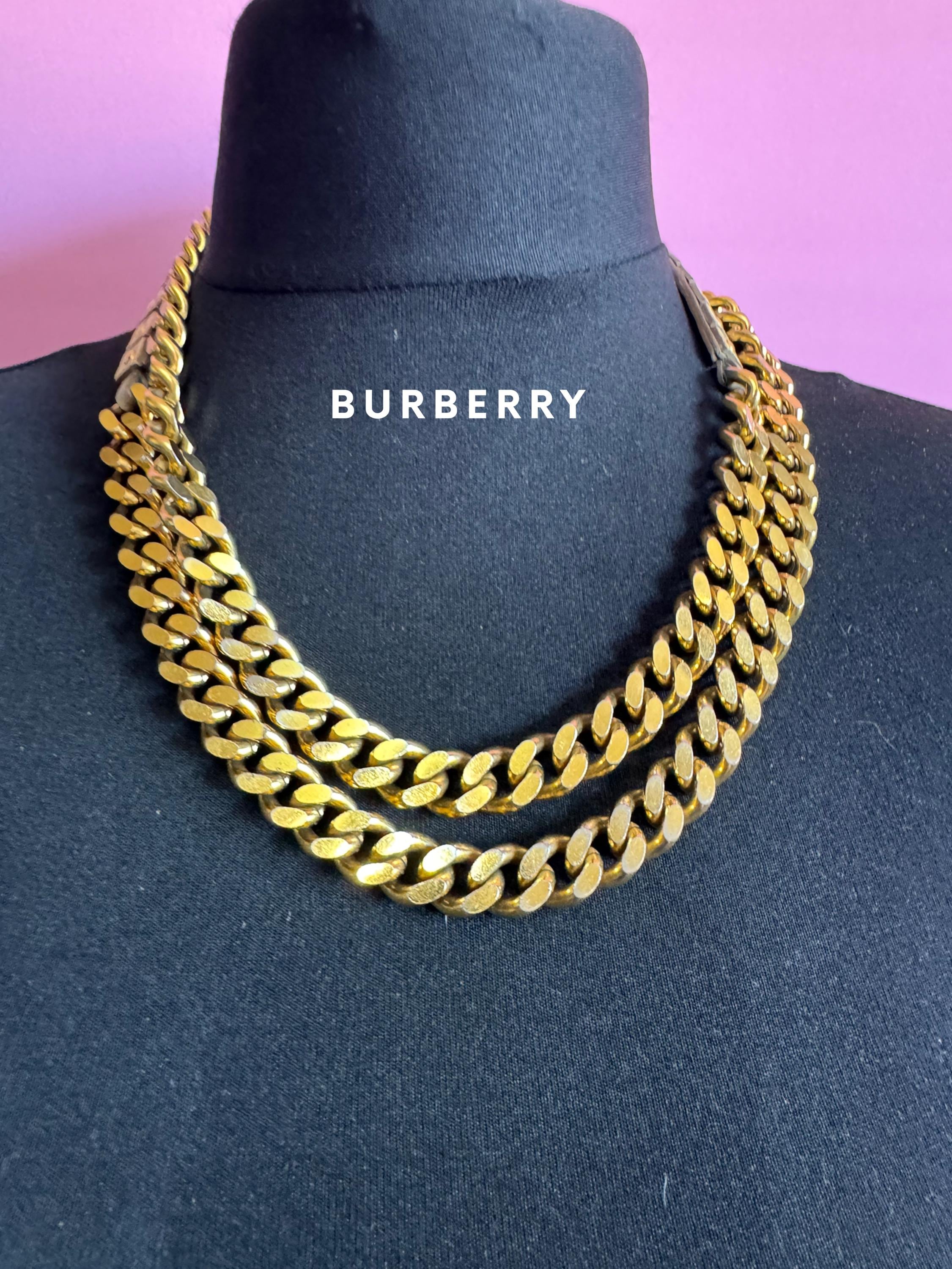 Burberry Necklace, Beige Leather Studded Collar | Flat Curb Link