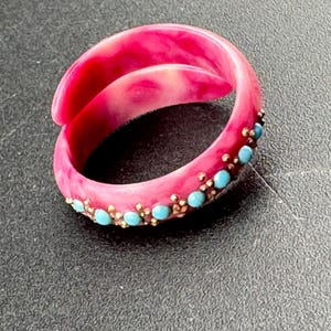 Art Deco Celluloid Scarf Ring: Pink Turquoise Diamanté, 1920s Antique