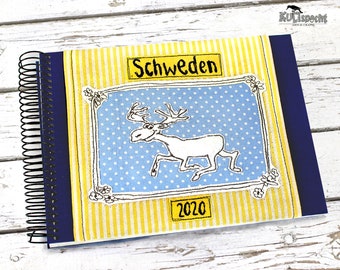 Sticker Album Scene moose, Application with motif sewn, yellow blue photo-album,  souvenirs Sweden, travelphotoalbum, drawing elk, nice gift