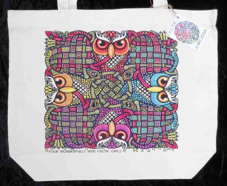 Celtic tote bag Four Wonderfully Wise Celtic Owls......Original Celtic design by Gus.