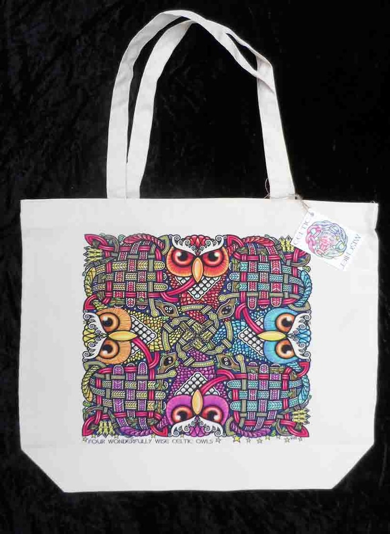 Celtic tote bag Four Wonderfully Wise Celtic Owls......Original Celtic design by Gus.