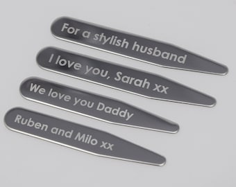 2 Pairs of Engraved Collar Stiffeners Stays Personalised in Stainless Steel in 2 Sizes Including for Cutaway Collar Shirts