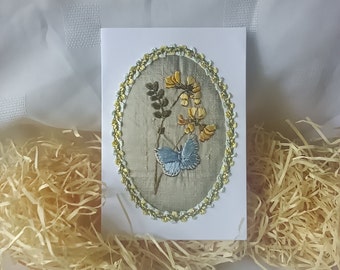 Handmade hand embroidered silk greetings card