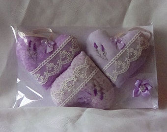 Gift set of three hand embroidered lavender scented fabric hearts