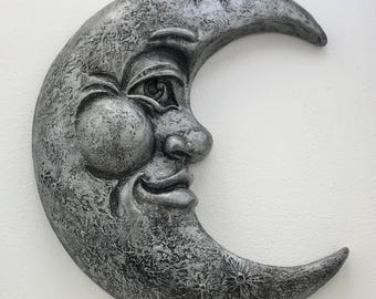 Placa de pared con cara de luna creciente sonriente en color plata, 28 cm de alto, decoración celestial