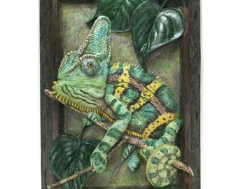 Cuadro decorativo de camaleón velado, placa de resina de 33 cm de alto con forma de lagarto mascota colorido