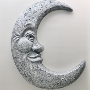Extra Large Smiling Crescent Moon Face 3D Wall Decor, Smiling Man in the Moon Face, Large Moon Wall Plaque, White and Grey Moon Wall Art