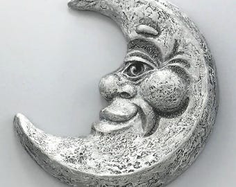 Arte de pared 3D con rostro de luna creciente plateada, placa 3D de 18 cm de alto, decoración celestial