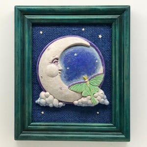Framed Man in the Moon Wall Art with Luna Moth,Smiling Crescent Moon Face Nighttime Wall Decor,Luna Moth and Moon 3D Framed Wall Plaque,