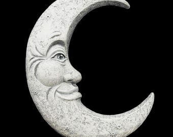 Arte de pared 3D con cara de luna creciente sonriente, placa blanca de 50 cm de alto, decoración celestial