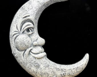 Placa de pared con cara de luna sonriente, decoración celestial blanca, 15 pulgadas
