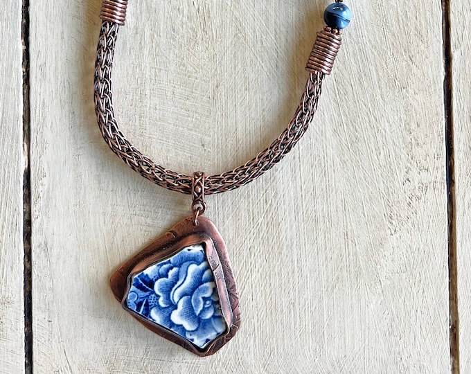 Broken Plate Copper Bezel Pendant with Viking Knit and Leather