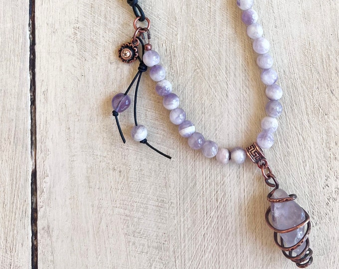 Amethyst Copper Wrapped Pendant with Amethyst Beaded Leather Necklace
