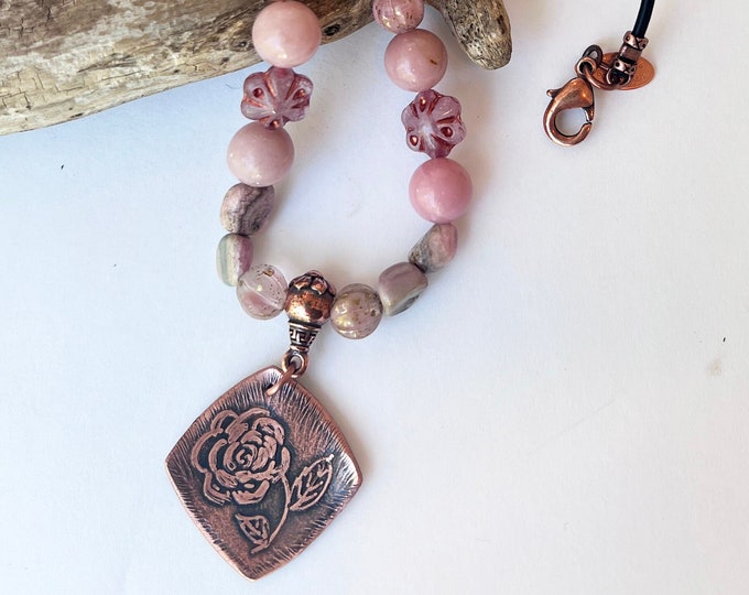 Copper Metal Etched Rose Pendant with Stones, Glass and Leather Necklace