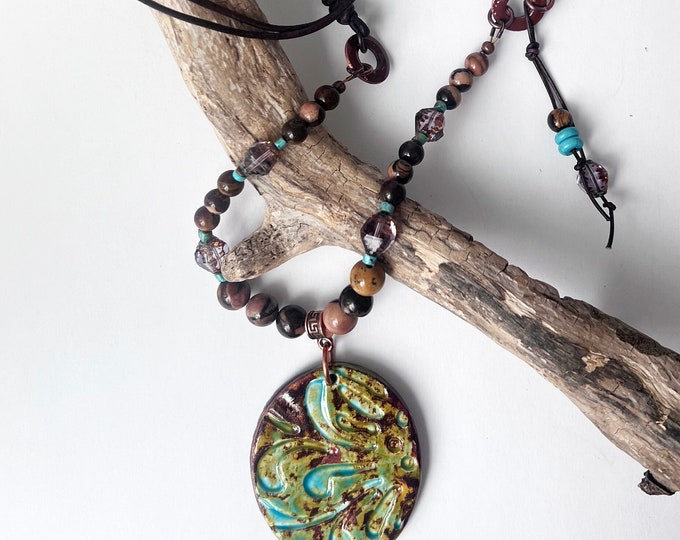 Kiln Fired Ceramic Pendant with Jasper Turquoise Czech Glass and Leather Necklace
