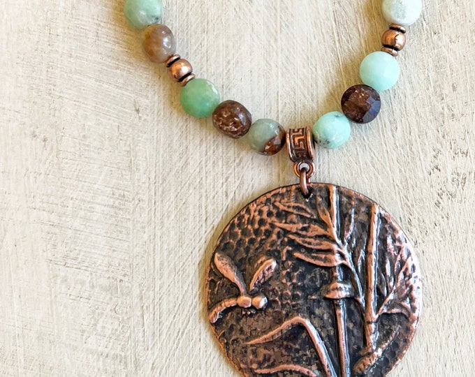 Copper Dragonfly Electro Formed Pendant with Chrysoprase Stones and Leather Necklace