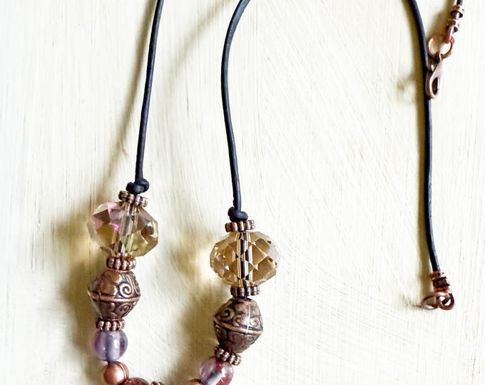 Copper Heart Pendant with Cacoxenite and Leather Necklace