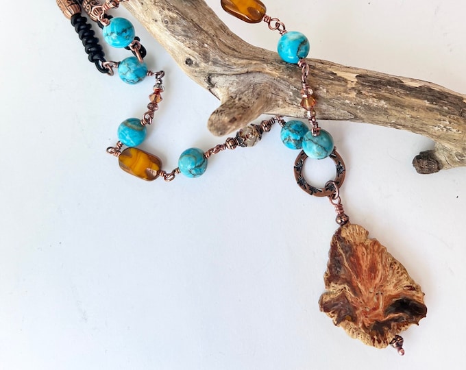 Petrified Wood Pendant with Agate, Glass and Leather Necklace