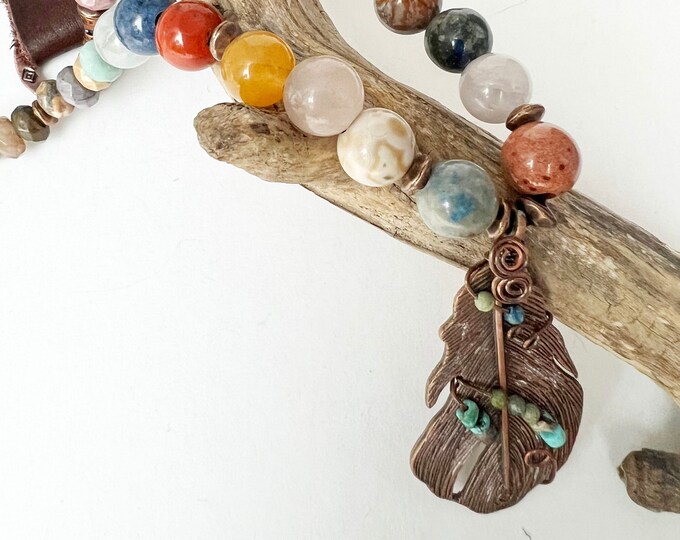 Copper Wired Feather Pendant with Mixed Gemstones and Elk Leather Lace Necklace