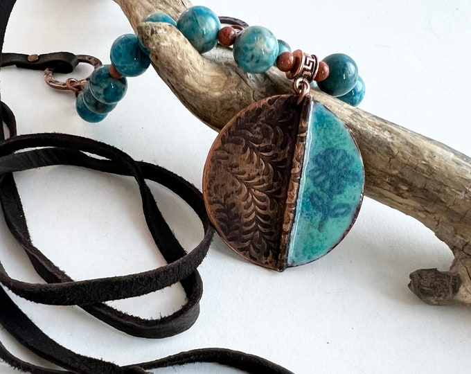 Torch Enameled Fold Formed Copper Pendant with Crazy Lace Agate and Leather Necklace