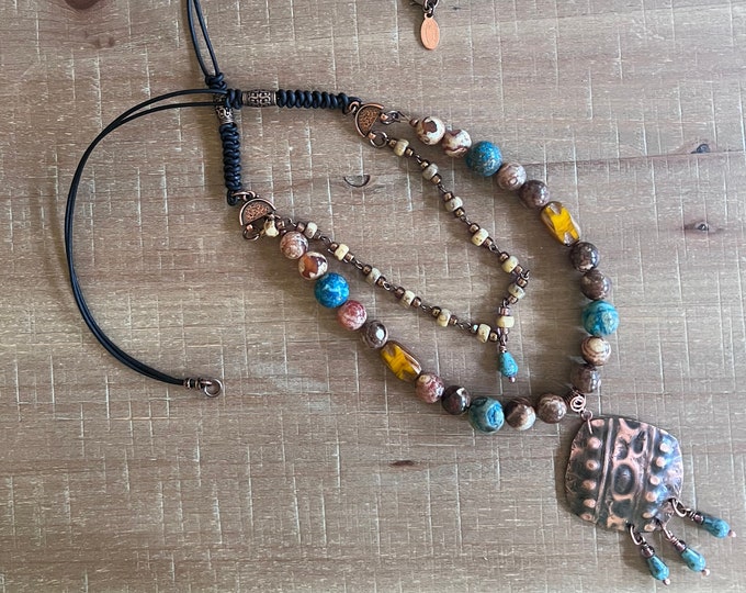 Copper Air Chase Pendant with Tibetan Agate, Czech Glass, Jasper and Leather Necklace