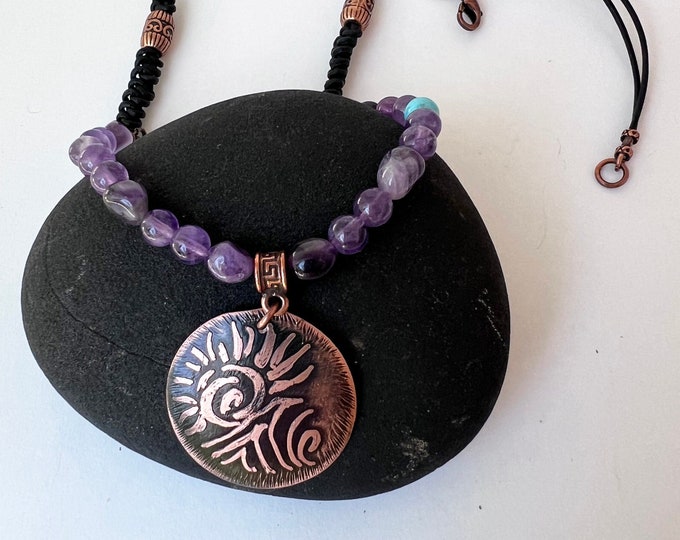 Copper Etched Pendant with Amethyst and Leather Necklace
