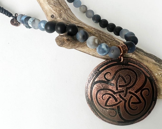 Copper Celtic Metal Etched Triskelion Pendant with Black and Blue Matt Porcelain Agate and Onyx with Leather Necklace