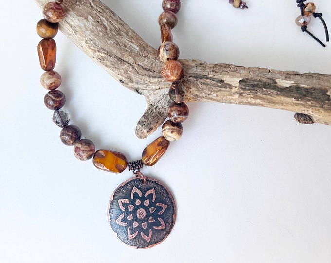 Copper Boho Pendant with Jasper and Czech Glass Leather Necklace
