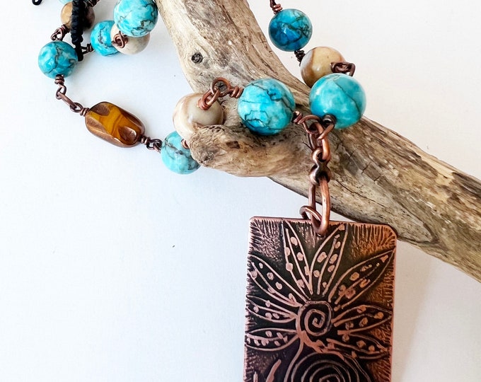 Copper Etched Flower Pendant with Agate, Jasper and Leather Necklace