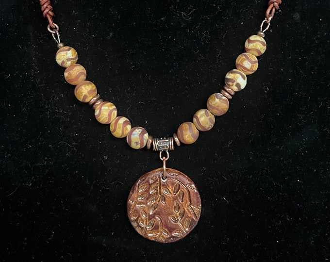 Round Pottery Pendant with Dzi Red Wave Jasper and Leather Necklace