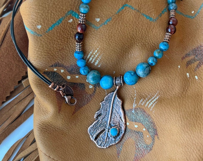 Copper Feather with Blue Crazy Lace Agate, Red Tiger Eye and Leather Necklace