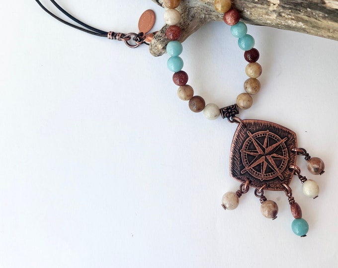 Copper Sea Compass Etched Pendant with Agate, Amazonite Goldstone and Leather Necklace