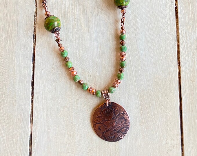 Copper Floral Embossed Pendant with Green Mosaic Magnesite Beads and Leather Necklace