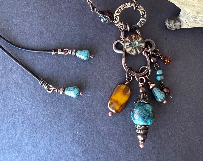 Beaded Copper Pendant with Ocean Jasper, Czech Glass and Leather Necklace