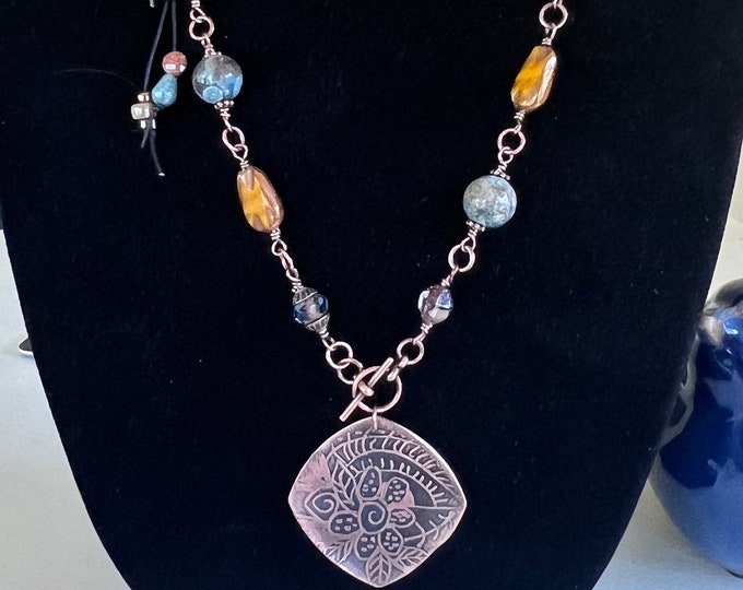 Metal Etched Copper Pendant with Wired Agate and Czech Glass Necklace