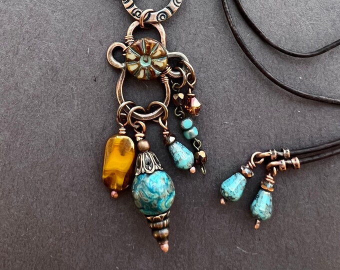 Beaded Copper Pendant with Ocean Jasper, Czech Glass and Leather Necklace