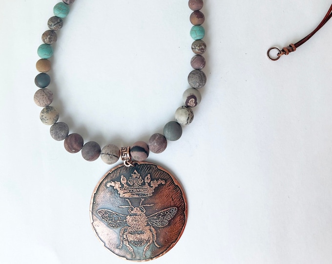 Copper Etched Queen Bee Pendant with Matte Coffee Bean Jasper and Leather Necklace