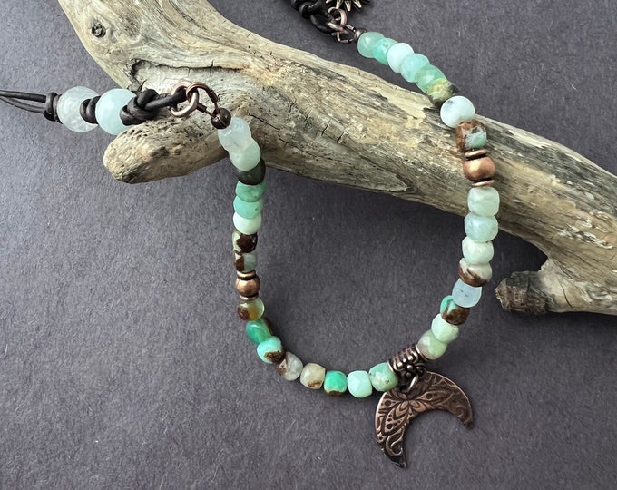 Inverted Crescent Moon Pendant with Chrysoprase and Aquamarine beads and Leather Necklace