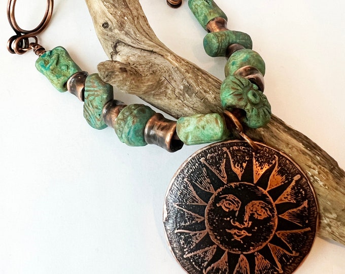 Copper Etched Sun Pendant with Kiln Fired Pottery Beads and Leather Necklace