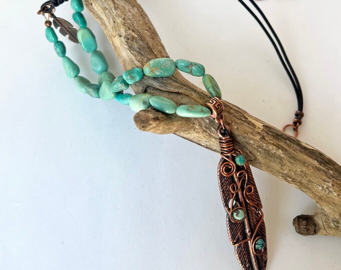 Electro Form Feather with Campitos Turquoise and Leather Necklace