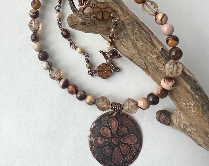 Copper Etched Pendant with Wired Beaded Necklace and Leather