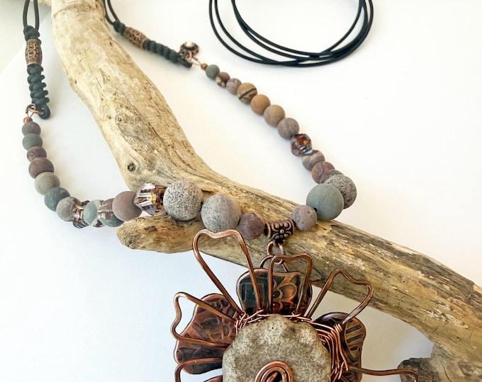 Copper Wire Flower Pendant Necklace with Handmade Pottery Bead and Jasper Accents