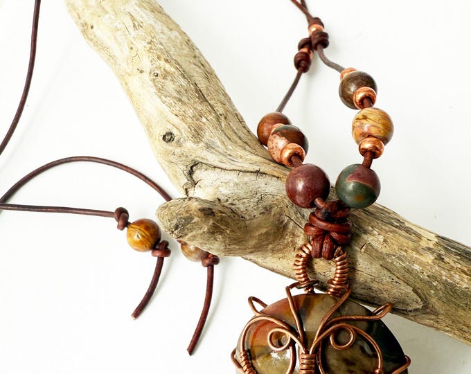 Copper Wired Jasper Owl Pendant with Red Creek Jasper and Leather