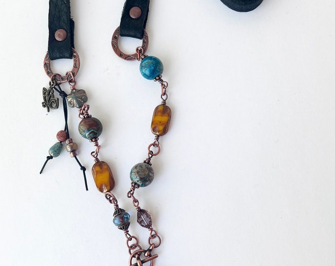 Metal Etched Copper Pendant with Wired Agate and Czech Glass Necklace