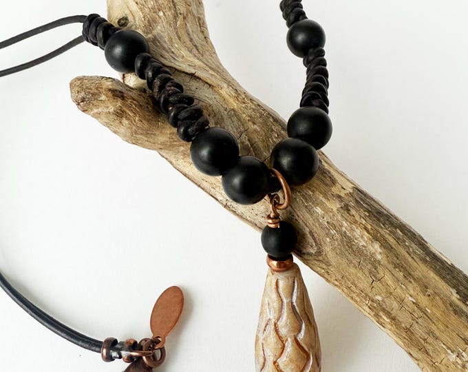 Czech Glass Dragon Skin Teardrop Pendant with Onyx and Leather Necklace