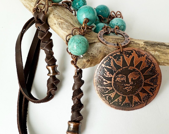 Metal Etched Sun Face Pendant with Crazy Lace Agate and Leather Lace