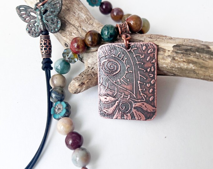 Copper Metal Etched Pendant with Ocean Jasper and Leather Necklace
