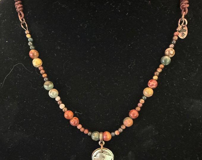 Buffalo Pendant with Red Creek Jasper and Leather Necklace