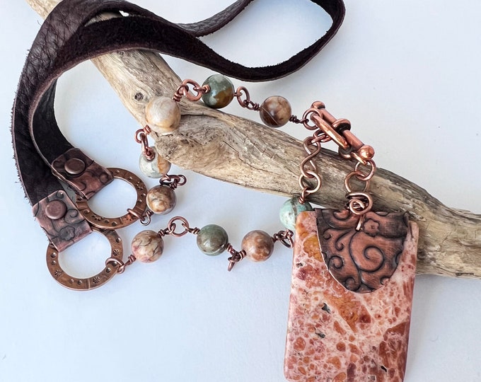 Jasper Pendant with Copper Wired Jasper Beads and Leather Necklace