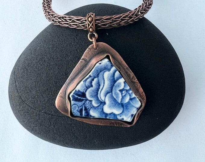 Broken Plate Copper Bezel Pendant with Viking Knit and Leather